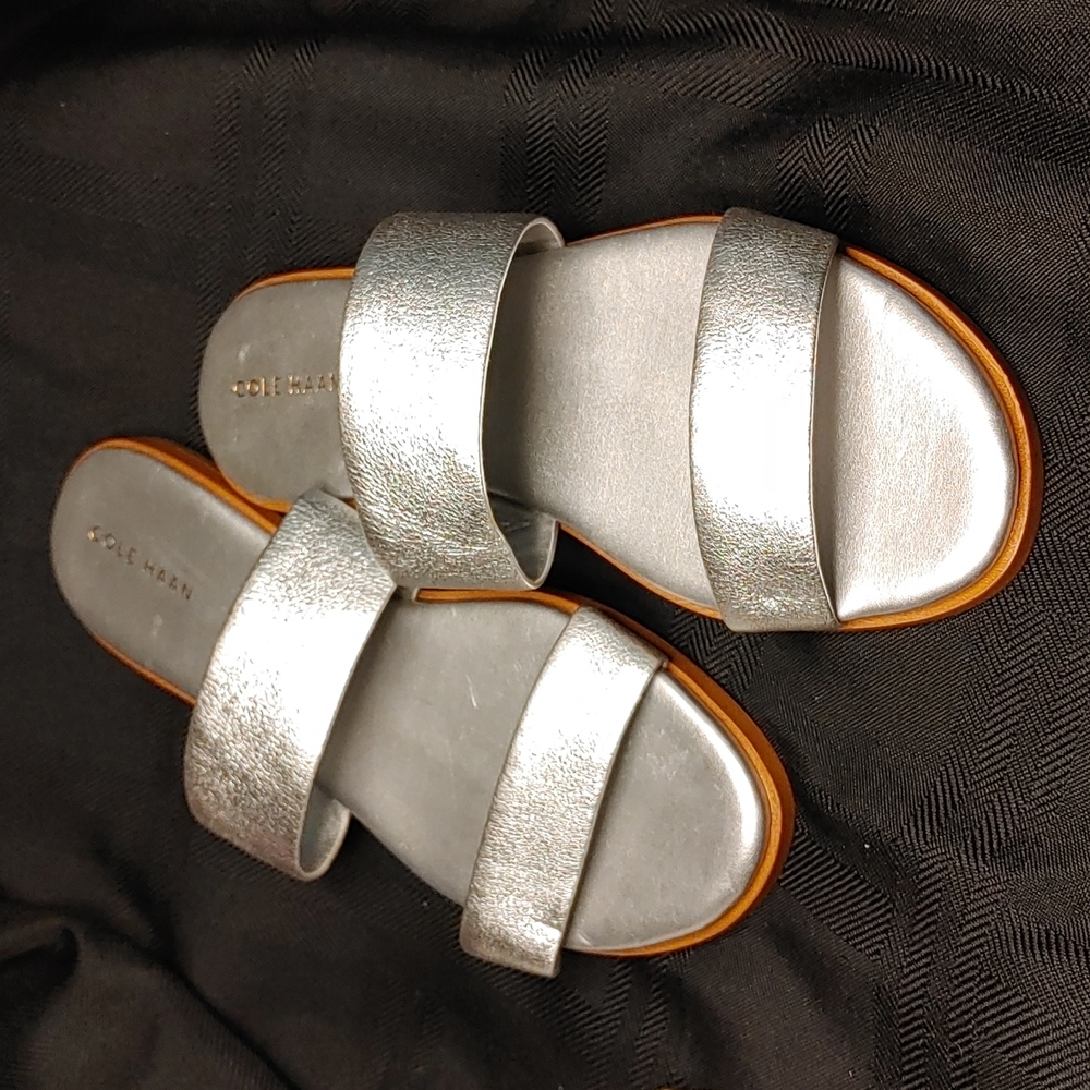 Cole Hann silver metallic flat sandles